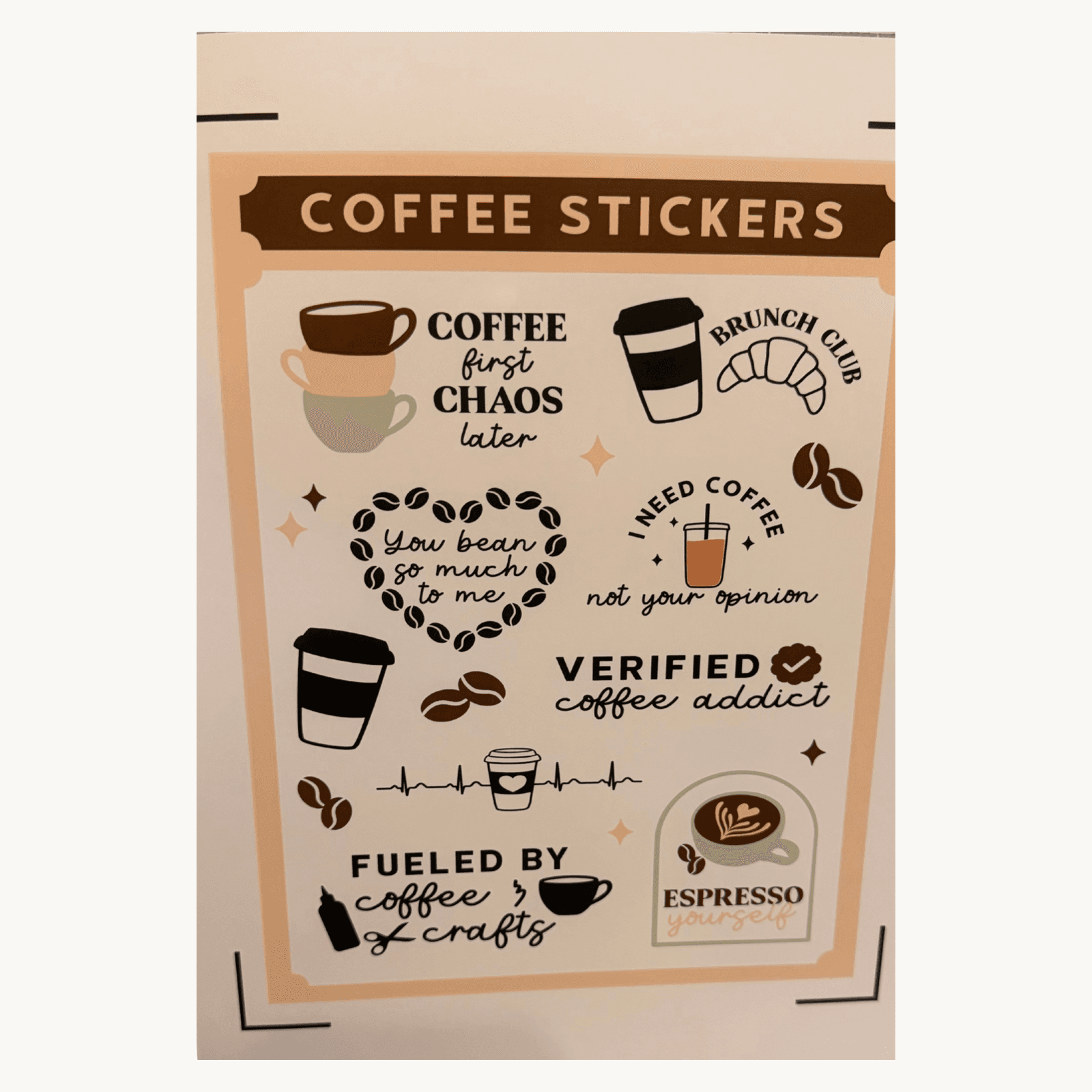 The Seasonal collection — a sheet of coffee-themed vinyl stickers